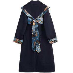 Bow girl new Chinese style jacquard cloud shoulder wool coat for women autumn and winter retro long over-knee woolen coat