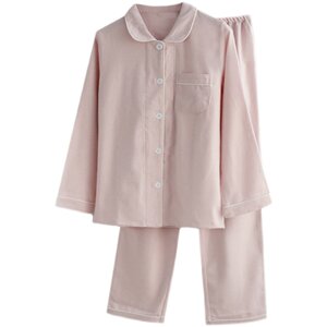 Japanese solid color beads Misaki pajamas men and women in autumn and winter pure cotton grinding plush cloth long -sleeved couple home clothes suits