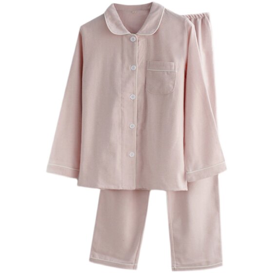 Japanese solid color beads Misaki pajamas men and women in autumn and winter pure cotton grinding plush cloth long -sleeved couple home clothes suits