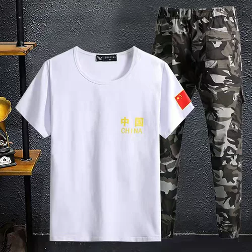 Летний спортивный костюм, трендовая универсальная футболка с коротким рукавом, камуфляжные штаны для отдыха