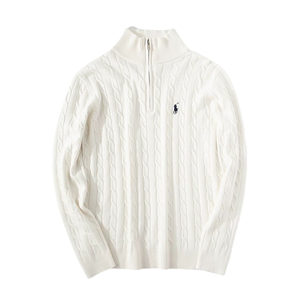 
Old money style men's wear khaki pony embroidered sweater cable stand collar half-zip sweater striped jacket