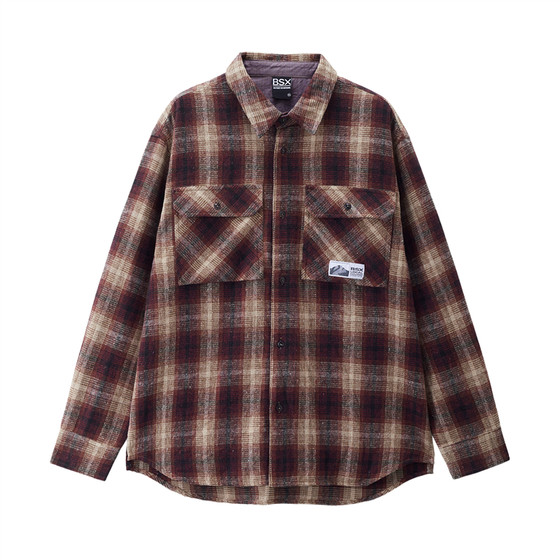 
BSX spring new style American style cotton flannel woven label pocket plaid shirt for men and women 04045673