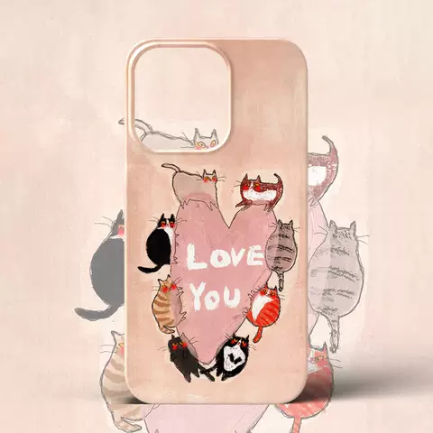 Illustration Cats Heart Phone Case For Girls – iPhone 17, iPhone 16, iPhone 15, iPhone 14, iPhone 13