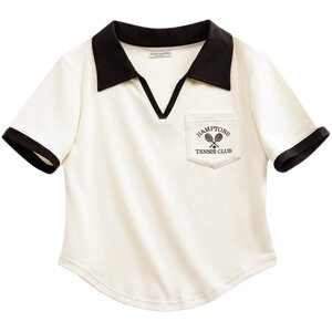Maden American retro short V-neck Polo shirt front shoulder short sleeve T-shirt slim old Qian style contrast top Summer lady