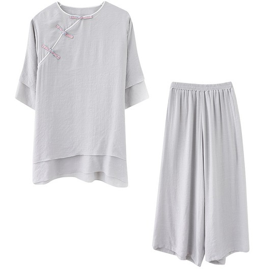 Completo Donna in Cotone e Lino Stile Cinese, Vestibilità Ampia