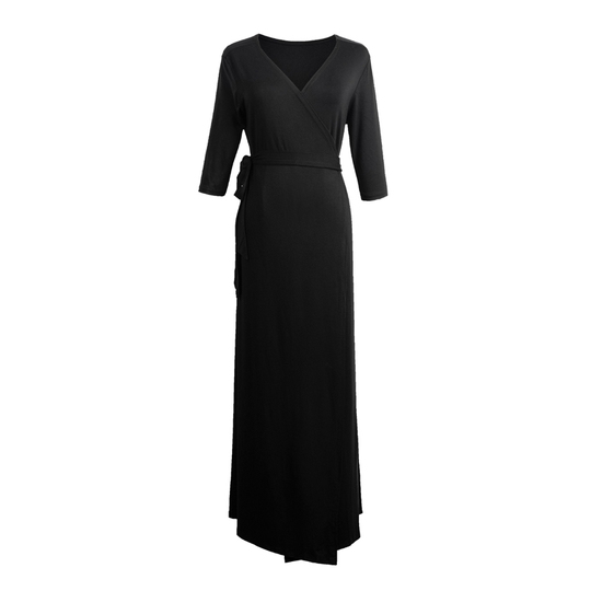 V-neck Mopping Dress Wanita Panjang Pergelangan Kaki Modal Super Long Black  One-piece Wrap Skirt Cardigan