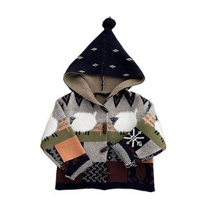
Boys' winter style contrasting color elf hat sweater for baby girl Korean version thickened warm knitted cardigan baby coat
