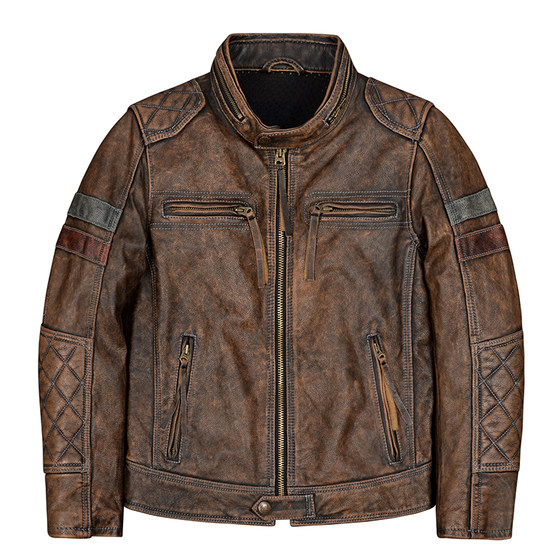 
Retro genuine leather jacket with protective gear, cycling motorcycle jacket, distressed first-layer cowhide jacket, slim pure leather jacket for men