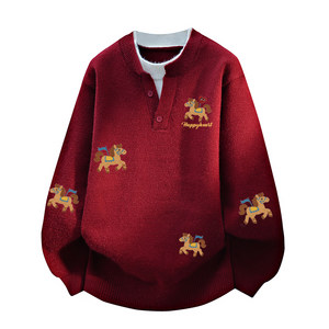 
Charles Peach Heart Horse Year Sweater for Men and Women Couples Red Stand Collar Loose Knitwear Top New Year's Clothing Trend