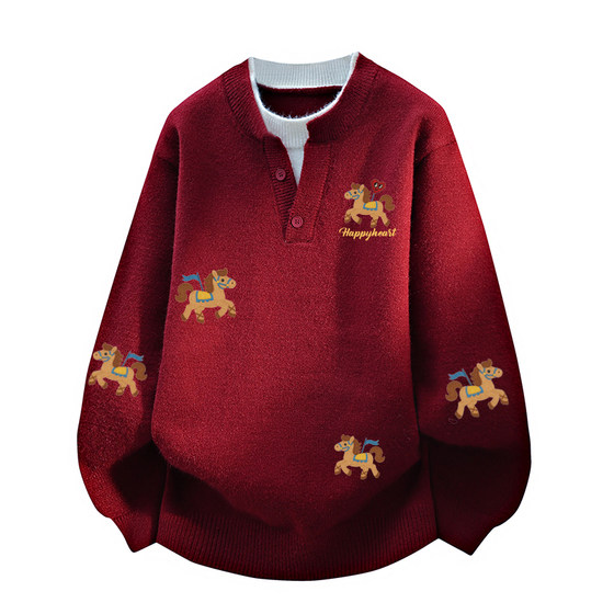 
Charles Peach Heart Horse Year Sweater for Men and Women Couples Red Stand Collar Loose Knitwear Top New Year's Clothing Trend