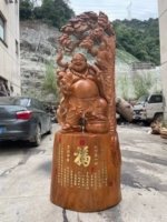 Камфора деревянная скульптура розовой древесина Большой буддийский буддийский живот и счастливый Будда смех Будды скалы и кипаристые украшения