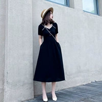 Черное длинное летнее платье, шифоновый приталенный корсет, длинная юбка, квадратный вырез, французский стиль