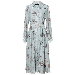 
Luo Yi pattern large swing shirt dress women's summer high-end niche lapel tie printed mid-length skirt 12517