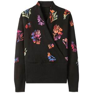 Wangqiu's new printed diamond-inlaid sweater women's folded lace V-neck cardigan slim fit pullover knit top