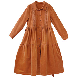 
[Zhiqiu] Retro corduroy trench coat for women 2025 autumn new solid color waist-hugging long coat