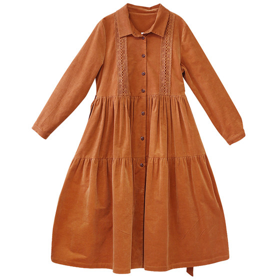 
[Zhiqiu] Retro corduroy trench coat for women 2025 autumn new solid color waist-hugging long coat