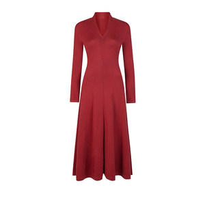 Chings French retro v-neck waist A-line wool blended knitted dress pear-shaped body slim long skirt