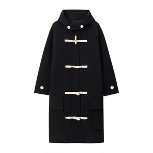 a02 Informal College 2025 Winter Loose Woolen Girl Retro Horn Buckle Hood Mid-length Coat