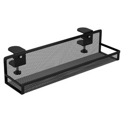 Adjustable lengthened and widened power strip rack behind the desk