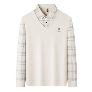 
Woodpecker men fake two-piece cotton long-sleeved T-shirt Spring and Autumn Middle-aged Daddy's loose base lapel polo shirt