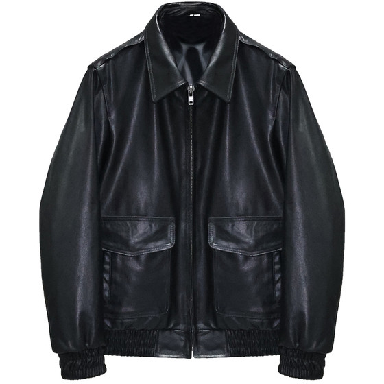 
First-layer cowhide leather jacket for men and women, slim-fitting short youth lapel epaulette flight suit motorcycle jacket jacket says