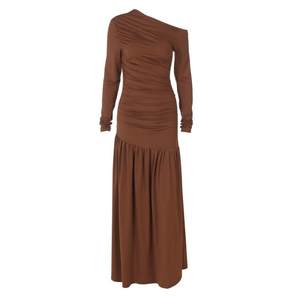 
Shemoda European and American ins style slanted shoulder long sleeve dress for women, stretch pleated high waist slim fit spliced ​​over-knee long skirt