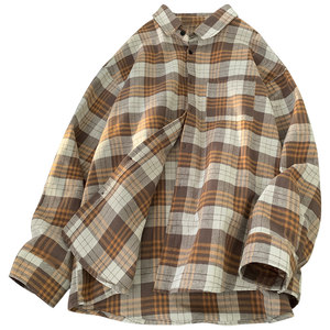 Ranpo casual plaid shirt men's 2026 summer new couple wear long-sleeved shirt lapel men's jacket trendy