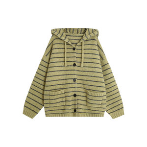 
HVIVI loose contrast striped hooded sweater jacket for women in autumn and winter thickened lazy soft waxy mid-length sweater