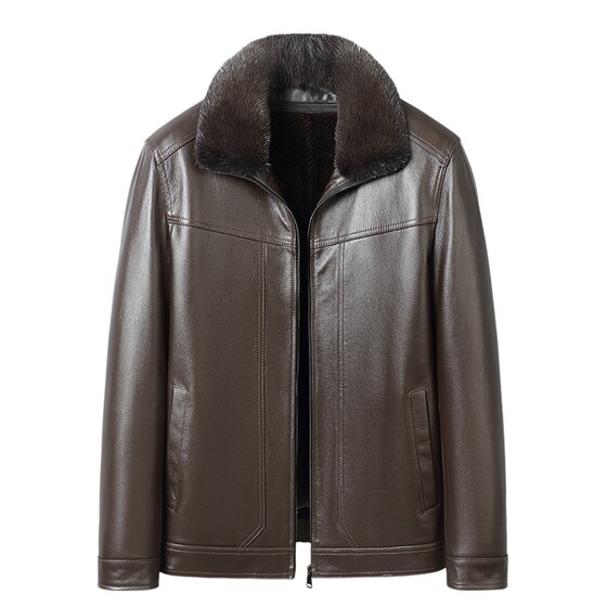 
Haining winter genuine leather jacket men's fur integrated mink liner short top layer cowhide leather jacket mink coat