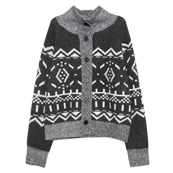 
inkday Japanese light retro jacquard sweater jacket for women, lapel single-breasted off-shoulder autumn and winter printed sweater