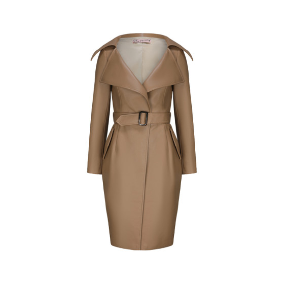 
le palais vintage elegant royal lady style milk tea color large collar lapel slim fit imitation leather jacket