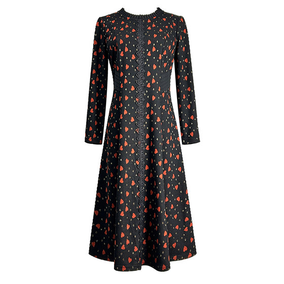 
Brand mid-length black nine-quarter sleeve dress 2026 small fragrant style stretch slim fit bronzing jacquard A-line skirt