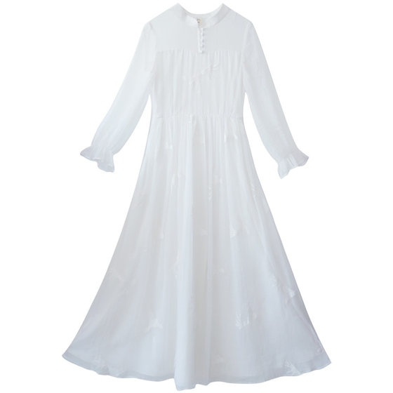 [199 yuan] High -waist dress female summer embroidery long skirt design sense ruffle sleeve temperament white skirt
