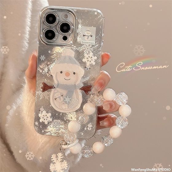 冬日雪花适用15promax手机壳苹果iphone16雪人摇摇乐支架13挂链14