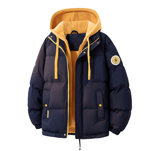 
Winter trendy men's hooded fake two-piece cotton coat American trendy casual loose men's and women's thickened warm bread coat