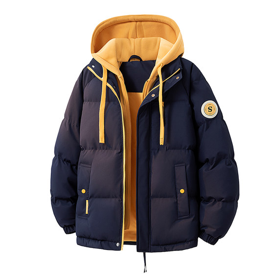 
Winter trendy men's hooded fake two-piece cotton coat American trendy casual loose men's and women's thickened warm bread coat