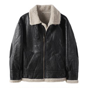 
LUUD lambswool lapel PU leather handsome motorcycle jacket men's winter fur all-in-one pilot leather jacket
