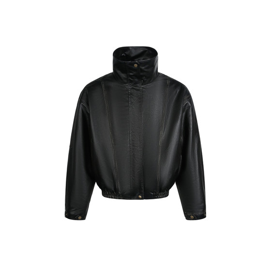 
BTSG American retro fur collar leather jacket with mountain carving jacket for men Cleanfit high-end silhouette stand-up collar cotton jacket