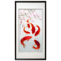 Hunan Embroidery Finished Hanging Painting Koi Living Room Entrance Decoration Painting Fish Playing Qionghua Pure Handmade Su Embroidery Chinese Style Embroidery Painting