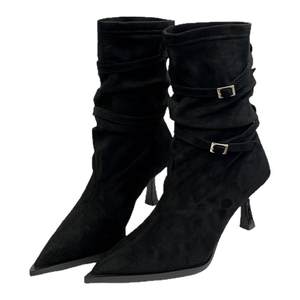 
Temperament slim pointed toe slim belt buckle pleated piles of boots stretch short boots for women versatile fashion fashion boots