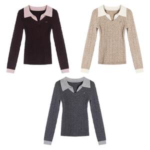 Eryang Design [Yi Ran] Fashionable Commuting Contrast Color Polo Neck Fake Two-Piece Sweater Women's V-Neck Twist Top