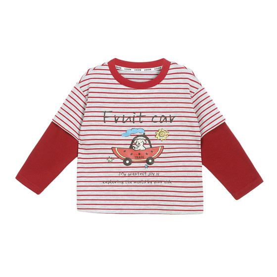 
Little O dad baby boy baby long-sleeved T-shirt contrasting fake two-piece striped 2026 new baby autumn and winter bottoming shirt