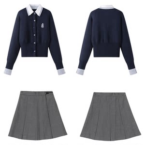 
Tokyo Shijijk autumn and winter new navy blue fake two-piece knitted cardigan small preppy style sweater for women