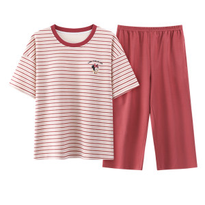 
Fenton Ke'an women's pure cotton pajamas with breast pads, summer thin short-sleeved cropped pants, striped home clothes, can be worn outside