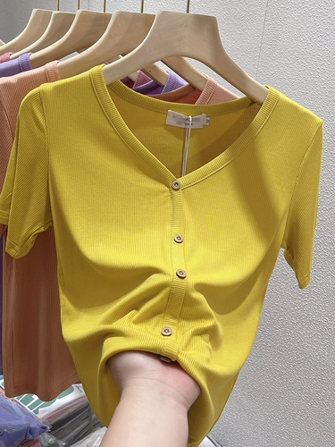 Шелковая летняя футболка, модный жакет, короткий рукав, коллекция 2023, в западном стиле, V-образный вырез