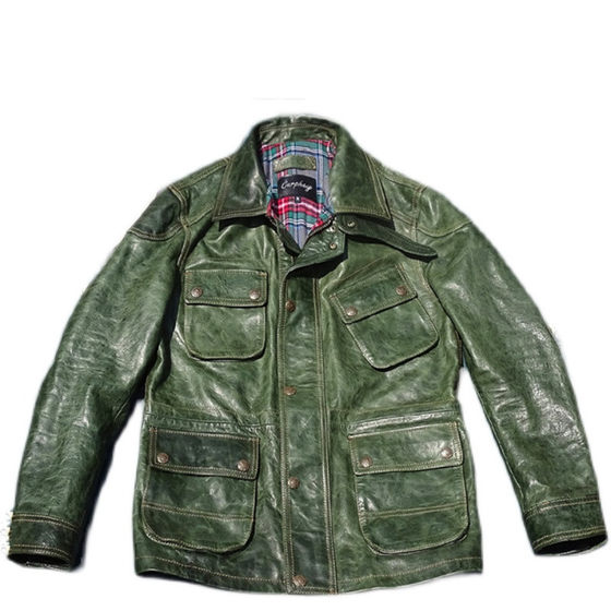 
M65 modified hunting suit oil wax old horse leather genuine leather jacket men's multi-pocket stand collar slim fit and slim jungle color