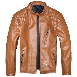 
First layer cowhide leather genuine leather jacket for men slim short youth simple stand collar brown motorcycle jacket