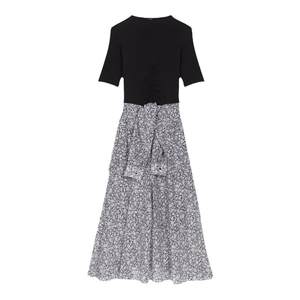 Maje Outlets Autumn and Winter Women's French Slim Two-Color Splicing Printed Lace-Up High Waist Short Sleeve Dress