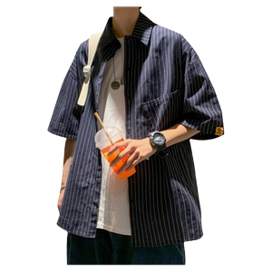 
New summer striped shirt men's loose trendy five-point sleeve shirt ins Korean style Hong Kong style casual short-sleeved shirt