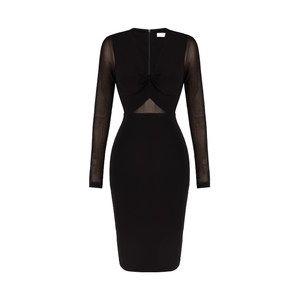 
XULU original spring and summer black crystal linen spandex mesh hip skirt temperament sexy high waist V-neck dress